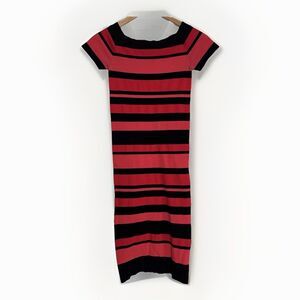 BEBE Dress Size P/S Coral Red Black Stripe Off Shoulder Bodycon Y2K Body Shaping